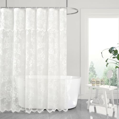 FINECITY Ivory Lace Shower Curtain for Bathroom, Rustic Vintage Lace Shower Curtain with Attahced Valance, Sheer Shower Curtain Panel, 72 x 72 Inch, 1 Panel, Ivory - Image 1