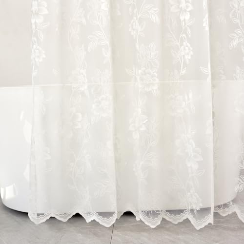 FINECITY Ivory Lace Shower Curtain for Bathroom, Rustic Vintage Lace Shower Curtain with Attahced Valance, Sheer Shower Curtain Panel, 72 x 72 Inch, 1 Panel, Ivory - Image 3