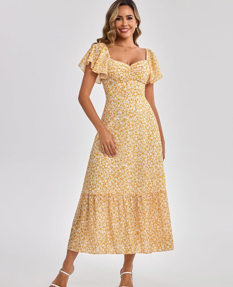 GLNEGE Women's 2026 Summer Midi Floral Boho Dresses Casual Flowy Beach Short Sleeve Dress Ruffle Hem Smocked Sundresses - Image 2