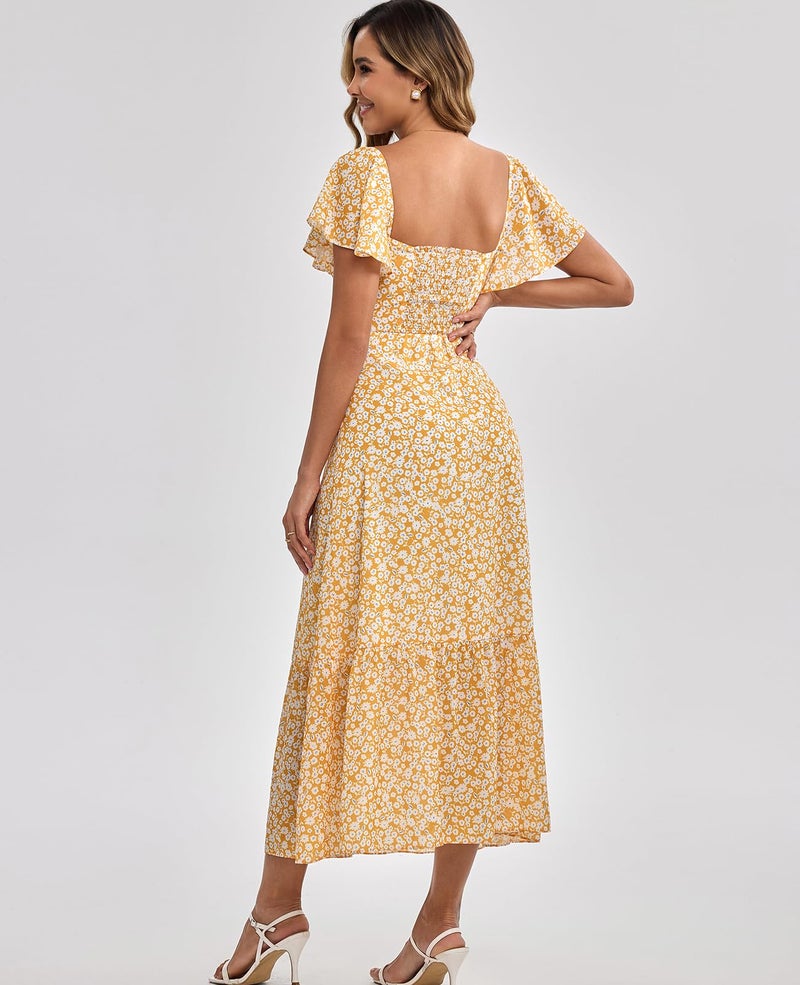 GLNEGE Women's 2026 Summer Midi Floral Boho Dresses Casual Flowy Beach Short Sleeve Dress Ruffle Hem Smocked Sundresses - Image 3