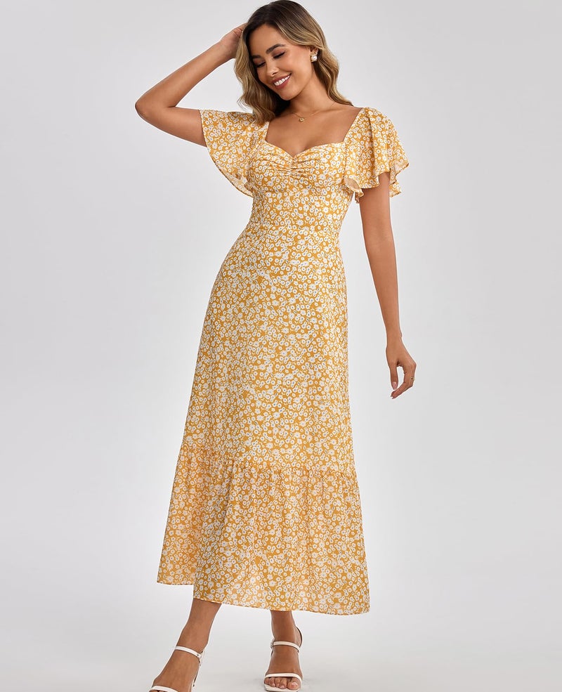 GLNEGE Women's 2026 Summer Midi Floral Boho Dresses Casual Flowy Beach Short Sleeve Dress Ruffle Hem Smocked Sundresses - Image 5