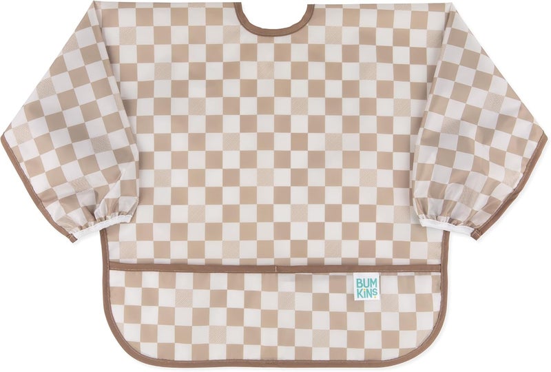 Bumkins Long Sleeve Baby Bib in Sand Check - Image 1