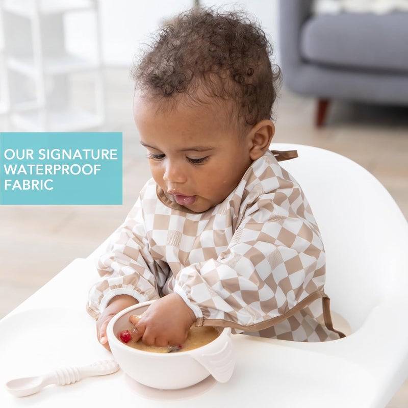Bumkins Long Sleeve Baby Bib in Sand Check - Image 3