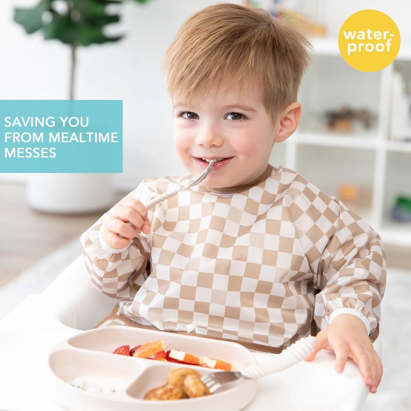 Bumkins Long Sleeve Baby Bib in Sand Check - Image 2