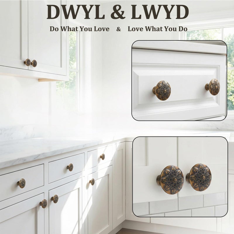 DWYL & LWYD 10 Pack Antique Brass Cabinet Knobs,Solid Single Hole Knobs for Cabinets and Drawers,Vintage Kitchen Cabinet Hardware Handles Drawer Pulls - Image 5