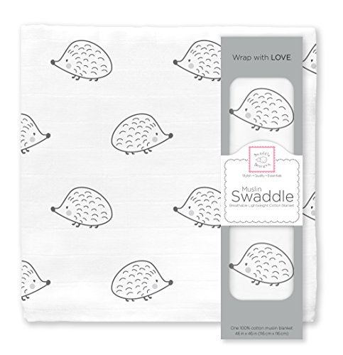 SwaddleDesigns Cotton Muslin Swaddle Blanket, Receiving Blanket for Boys & Girls, Best Shower Gift, 46x46 inches, Black Hedgehog - Image 1
