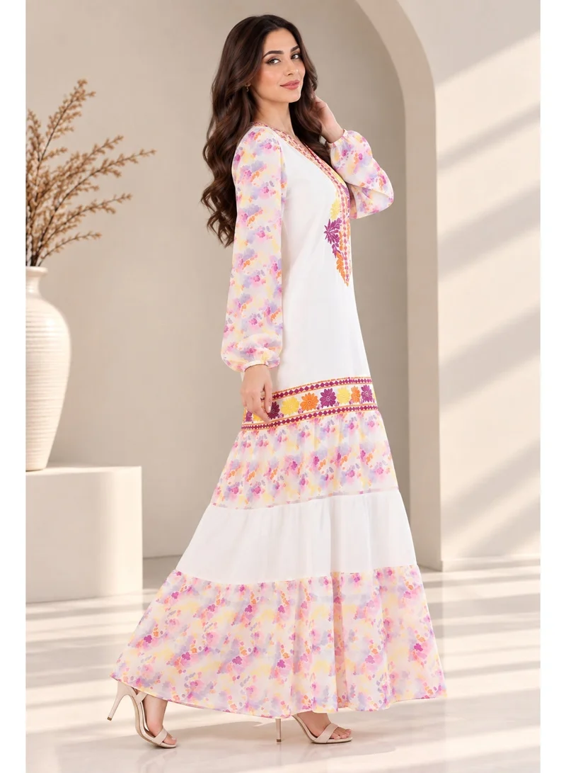 NinEx Women Embroidered Maxi Jalabiya Dress with Printed Sleeves and V Neck – Lightweight Flowing Fabric Festive & Modest Wear Orange Color 1 Pc