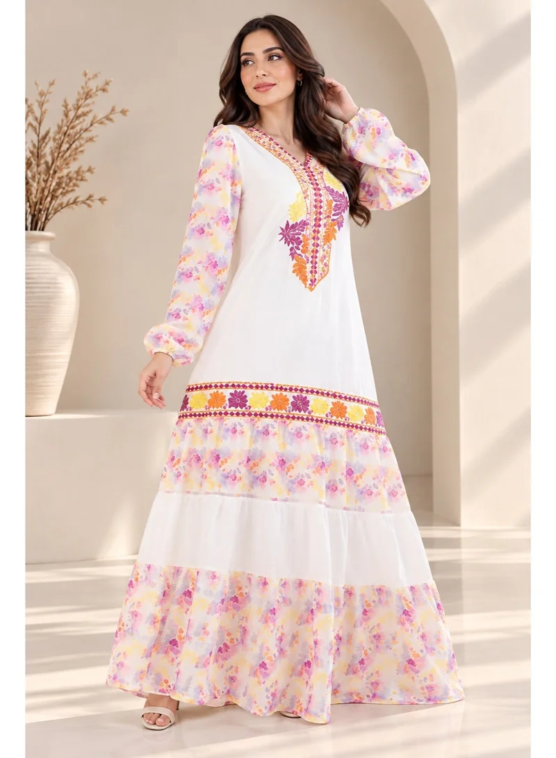 NinEx Women Embroidered Maxi Jalabiya Dress with Printed Sleeves and V Neck – Lightweight Flowing Fabric Festive & Modest Wear Orange Color 1 Pc