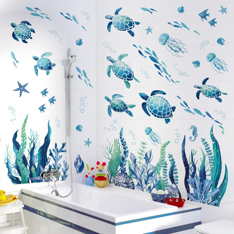 decalmile Under The Sea Seaweed Wall Decals Sea Turtle Ocean Grass Jellyfish Wall Stickers Baby Nursery Bedroom Bathroom Wall Decor - Image 3