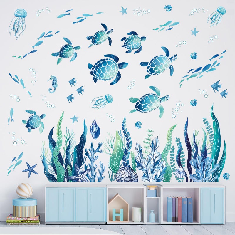 decalmile Under The Sea Seaweed Wall Decals Sea Turtle Ocean Grass Jellyfish Wall Stickers Baby Nursery Bedroom Bathroom Wall Decor - Image 4