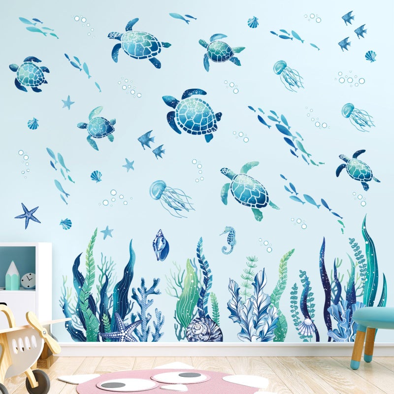 decalmile Under The Sea Seaweed Wall Decals Sea Turtle Ocean Grass Jellyfish Wall Stickers Baby Nursery Bedroom Bathroom Wall Decor - Image 2