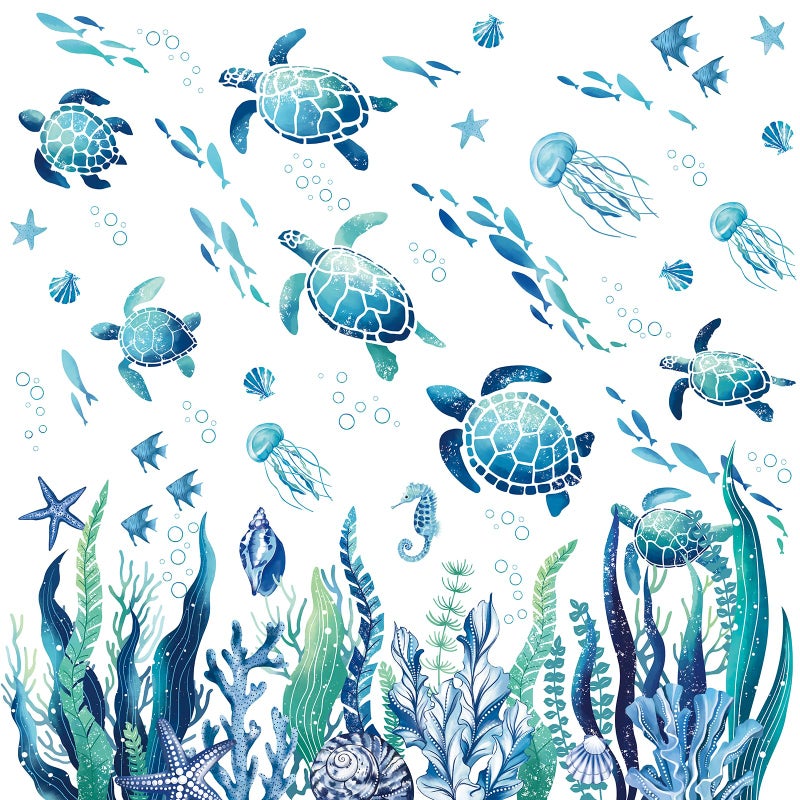 decalmile Under The Sea Seaweed Wall Decals Sea Turtle Ocean Grass Jellyfish Wall Stickers Baby Nursery Bedroom Bathroom Wall Decor - Image 1