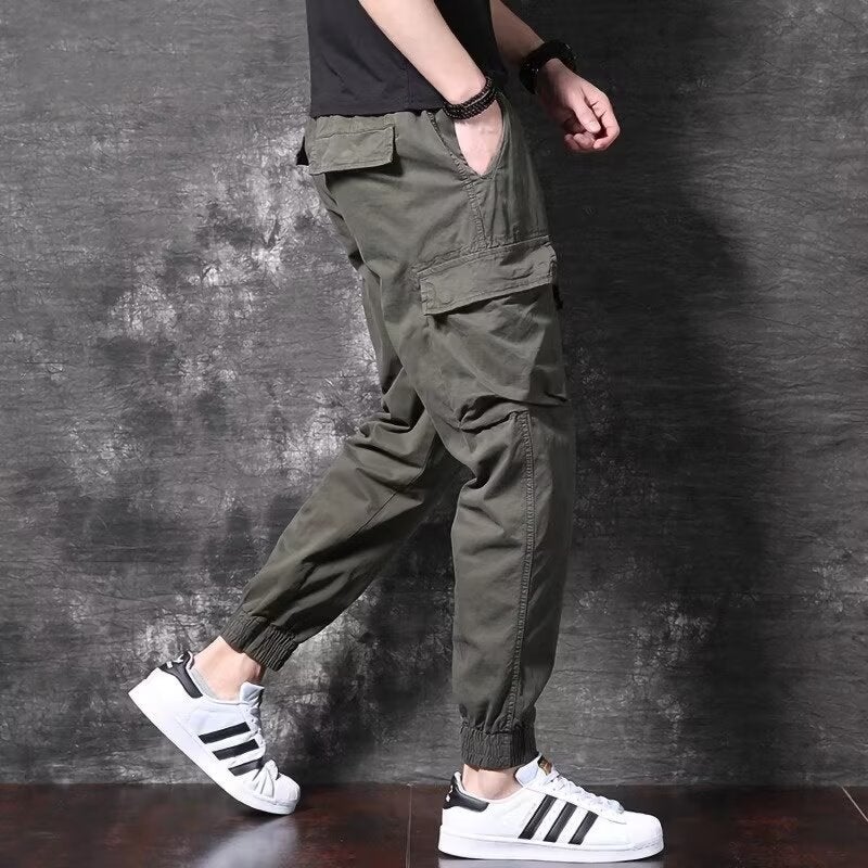 Army Green Tooling Pants Mens Spring and Summer Pure Cotton Loose Leg-toe Casual Pants Mens High-end All-match Sports Pants Green