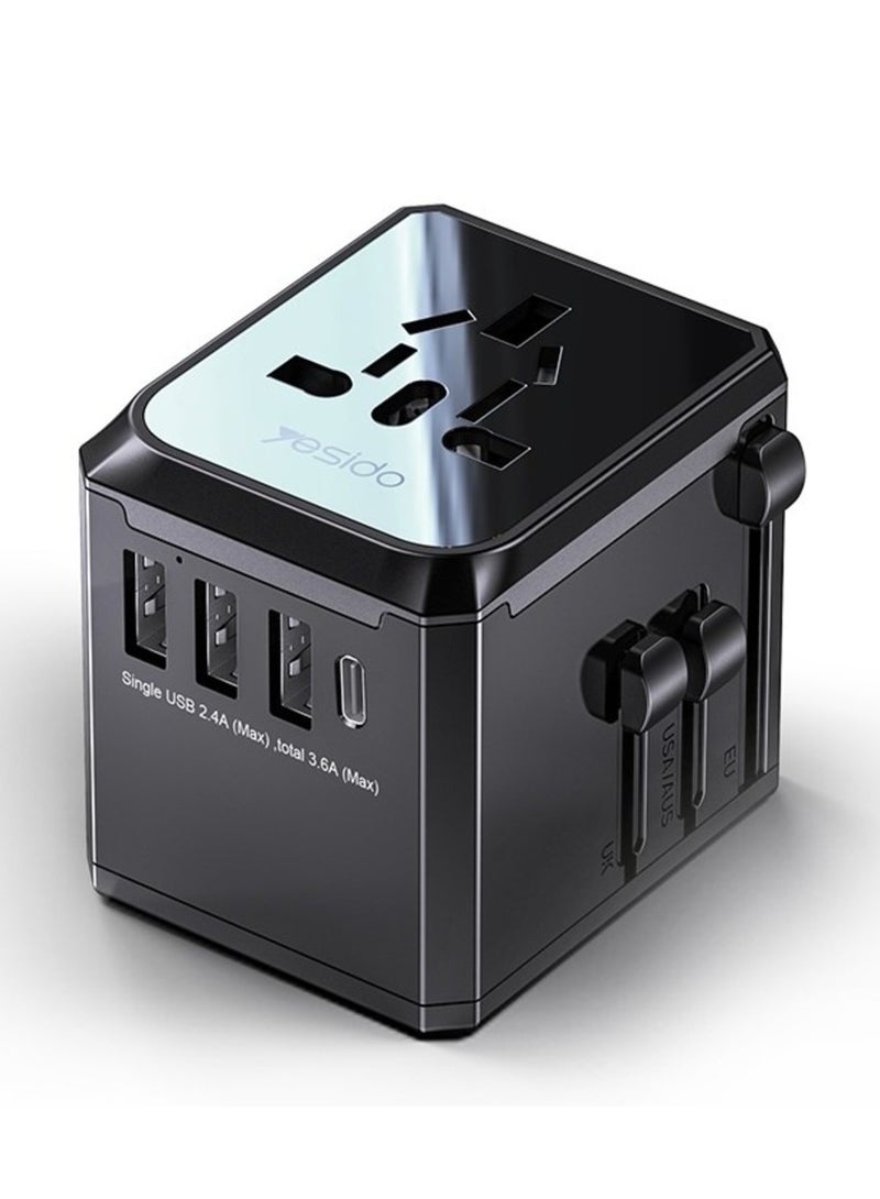 Yesido MC-10 3 USB + Type-C Ports Multi-function Universal Travel Adapter Plug (Black) - Image 1