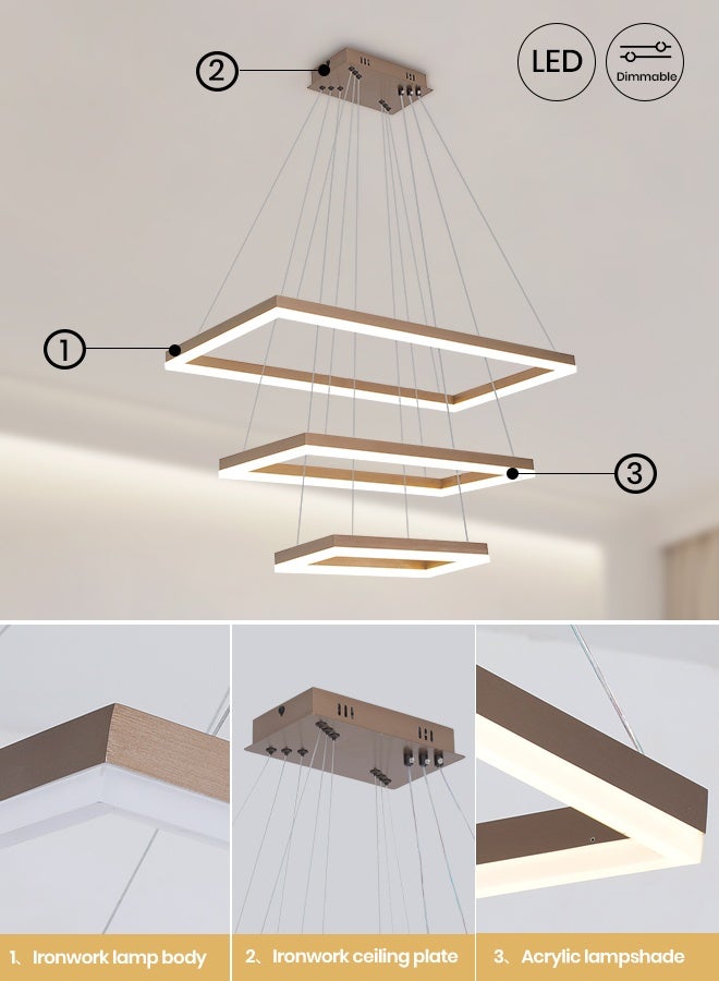 YATAI LIGHTING Modern Brown LED Triple Rectangle Chandelier with Remote, 108W Dimmable Ceiling Light, 3000K-6000K Adjustable Color, Height Adjustable Pendant for Living Room and Dining Room - Image 4