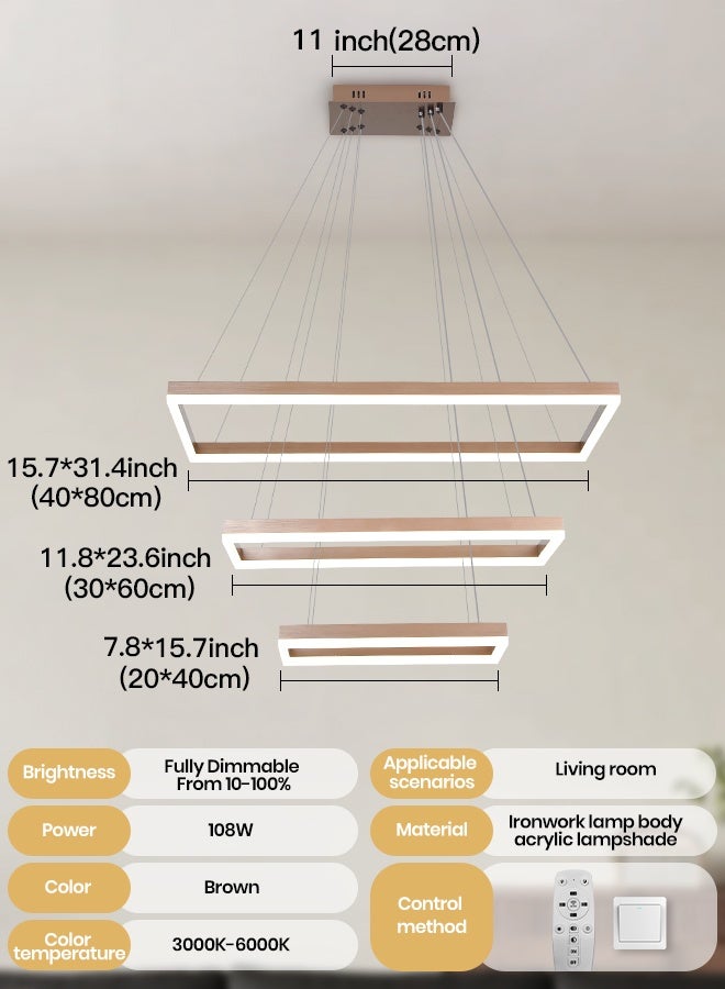 YATAI LIGHTING Modern Brown LED Triple Rectangle Chandelier with Remote, 108W Dimmable Ceiling Light, 3000K-6000K Adjustable Color, Height Adjustable Pendant for Living Room and Dining Room - Image 2