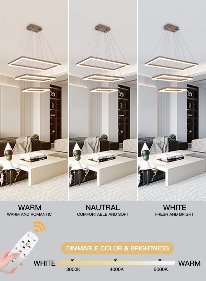 YATAI LIGHTING Modern Brown LED Triple Rectangle Chandelier with Remote, 108W Dimmable Ceiling Light, 3000K-6000K Adjustable Color, Height Adjustable Pendant for Living Room and Dining Room - Image 3