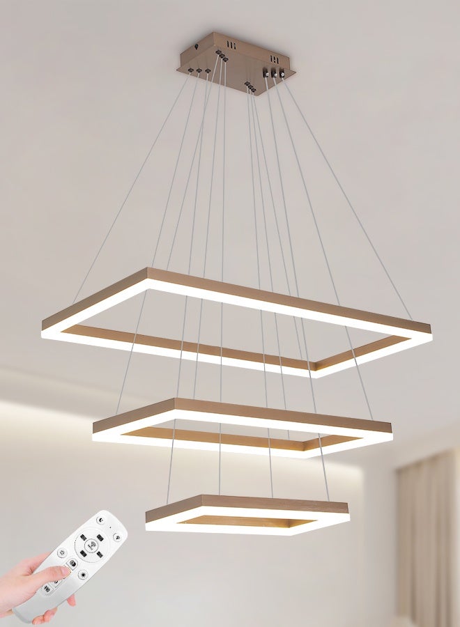 YATAI LIGHTING Modern Brown LED Triple Rectangle Chandelier with Remote, 108W Dimmable Ceiling Light, 3000K-6000K Adjustable Color, Height Adjustable Pendant for Living Room and Dining Room - Image 1