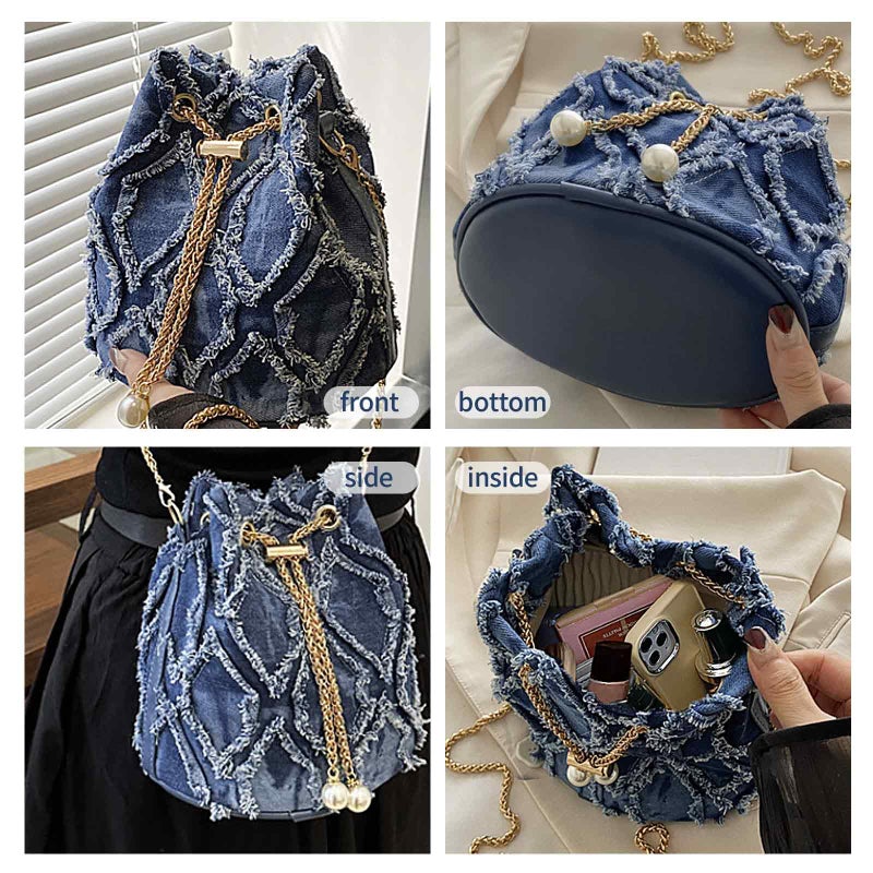 PASDUCHAS Blue Denim Purses for Women, Jean Bucket Bags, Crossbody Hobo Drawstring Handbag - Image 2