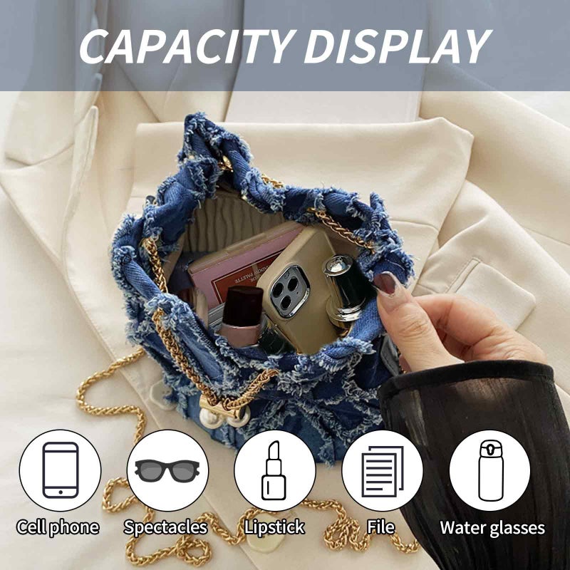 PASDUCHAS Blue Denim Purses for Women, Jean Bucket Bags, Crossbody Hobo Drawstring Handbag - Image 4