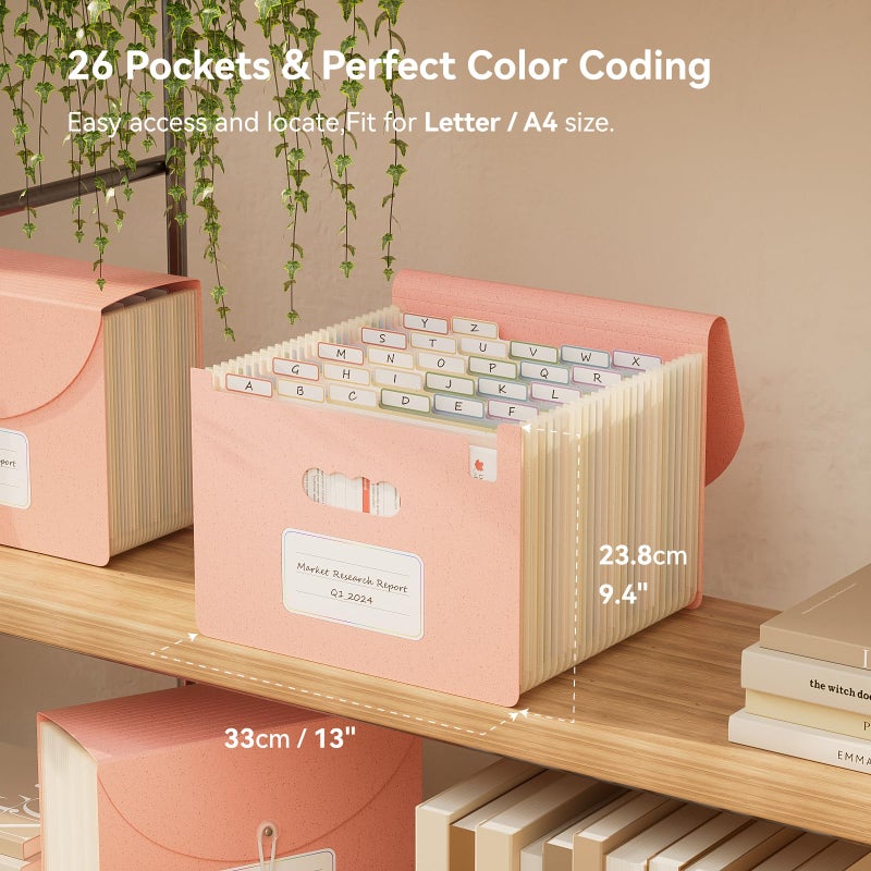 EcoStash Wheat Straw Accordion File Organizer, 26 Pockets Expanding File Folder, Monthly Bill Receipt Organizer with A-Z Tabs, BPA Free, Letter/A4 - Strawberry Pink - Image 3