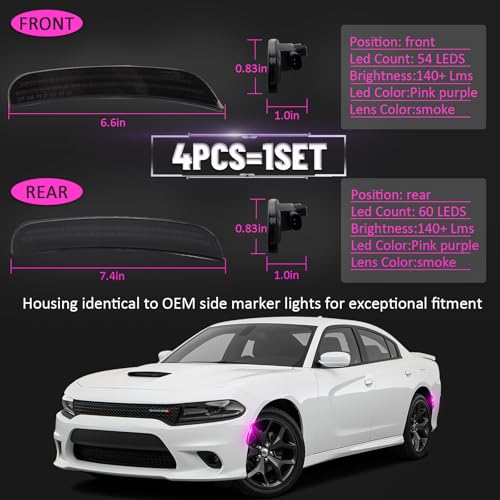 Bestview LED Side Marker Lights for Dodge Charger 2015-2023, Smoked Lens Front&Rear Bumper Turn Signal Lamp Assembly Kit accessories,Pack of 4(Pink Purple) - Image 4