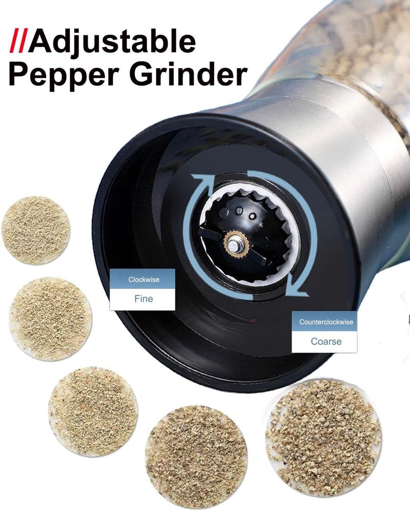 TooWoom Pepper Grinder Salt Grinder, 5.5 inch Stainless Steel Pepper Mill w/Adjustable Coarseness, Refillable Salt with Funnel, Cleaning Brush, Manual Pepper Grinder for Black Peppercorns - Image 2