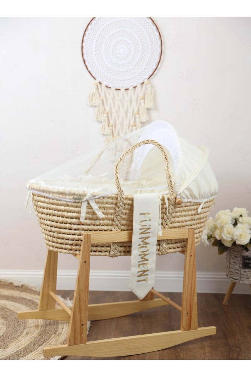 Baby crib Moses basket for babies with mosquito net with wooden rocking stand - Image 1