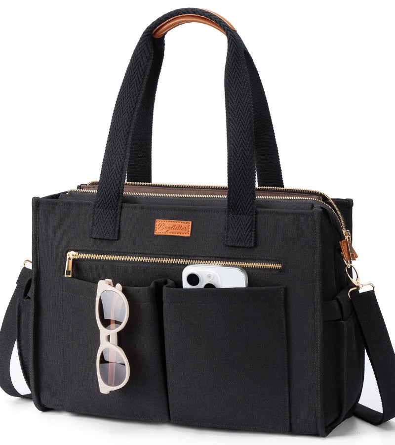 Bagstellar Canvas Tote Bag for Women, 15-Pocket Large Crossbody Purse Shoulder Satchel Handbag Bible Laptop Bag Zipper Bookbag for Teacher Nurse Work Travel College Everyday - Image 1