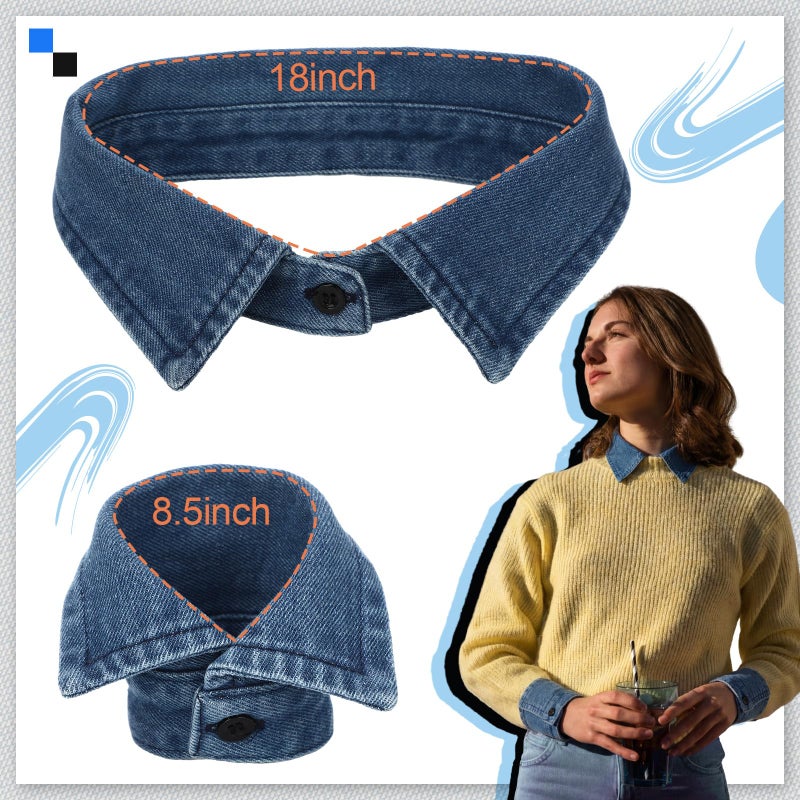 Funnysoft 3 Pack Dickey Collar for Women Detachable Denim Fake Collar Half Shirt Blouse Choker with Cuffs(Blue) - Image 2