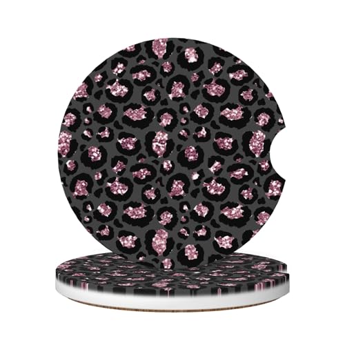 CTVSLFU Absorbent Car Coasters for Cup Holders, 2 Pack Universal Anti Slip Ceramic Cup Coaster for Women Men 2.56 Inch Car Interior Accessories - Black Pink Leopard 005 - Image 1