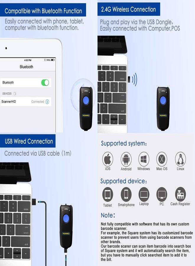NADAMOO Wireless Barcode Scanner Compatible with Bluetooth Function, 2.4G Wireless & Wired 3-in-1 Bar Code Scanner Portable USB CCD Reader, Work with iPhone iPad Android Windows Mac OS-Dark Blue - Image 2