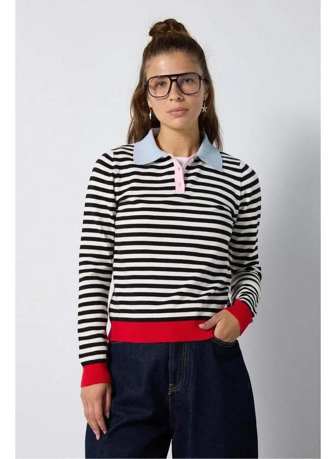 mina aise Women's Beige Premium Polo Collar Suede Striped Knit Sweater 7106.