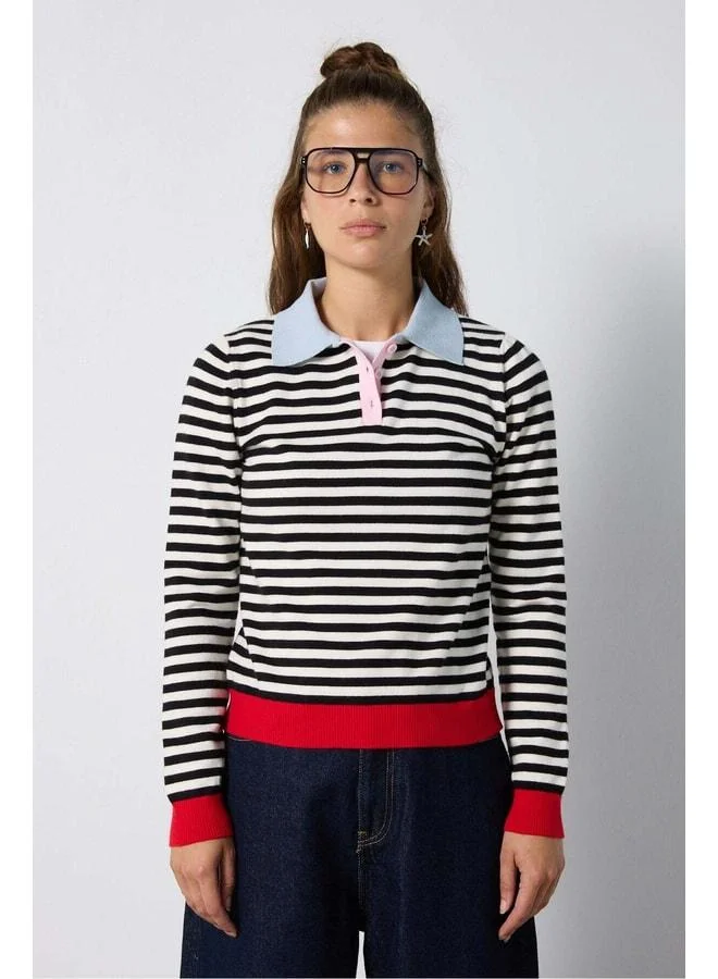 mina aise Women's Beige Premium Polo Collar Suede Striped Knit Sweater 7106.