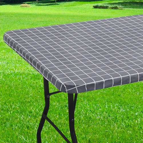 Spotjoy Rectangle Table Cloth Elastic Fitted Flannel Backed Plastic Table Covers for 6 Foot Folding Tables Waterproof Vinyl Tablecloths for Picnic Camping Indoor and Outdoor Grey 30 x 72