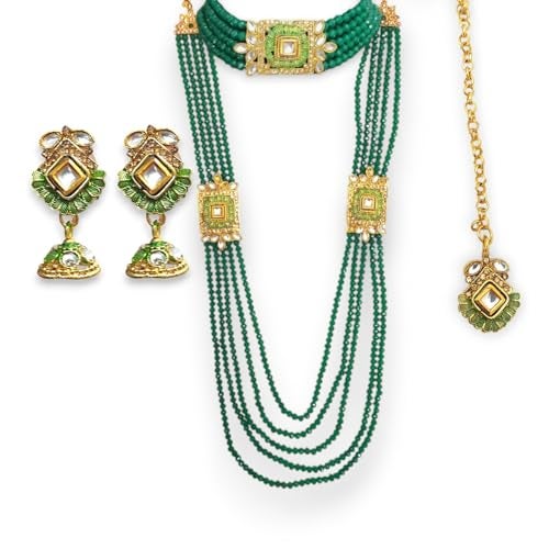 ACCESSHER Pearl Beads Necklace Set for Women Traditional | Choker, Maangtikka & Earrings Jewellery Set | Ethnic Necklace Set for Women & Girls (Green) - Image 1