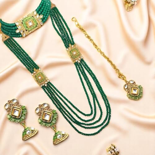 ACCESSHER Pearl Beads Necklace Set for Women Traditional | Choker, Maangtikka & Earrings Jewellery Set | Ethnic Necklace Set for Women & Girls (Green) - Image 3