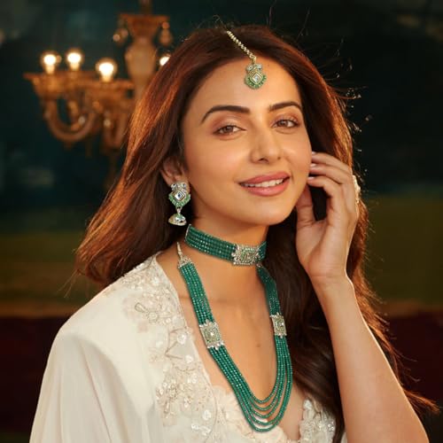 ACCESSHER Pearl Beads Necklace Set for Women Traditional | Choker, Maangtikka & Earrings Jewellery Set | Ethnic Necklace Set for Women & Girls (Green) - Image 2
