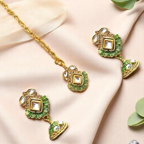ACCESSHER Pearl Beads Necklace Set for Women Traditional | Choker, Maangtikka & Earrings Jewellery Set | Ethnic Necklace Set for Women & Girls (Green) - Image 4