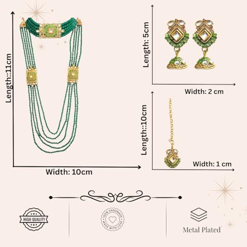 ACCESSHER Pearl Beads Necklace Set for Women Traditional | Choker, Maangtikka & Earrings Jewellery Set | Ethnic Necklace Set for Women & Girls (Green) - Image 5