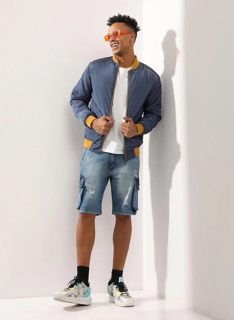 CAHOOT  Men's Blue Zip-Front Puffer Jacket With Contrast Piping for Men | Best Price UAE