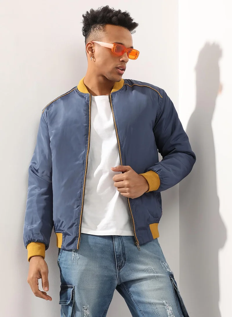 Men's Blue Zip-Front Puffer Jacket With Contrast Piping