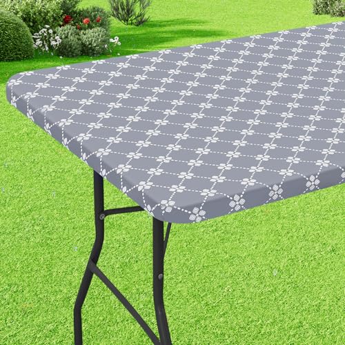 misaya Rectangle Vinyl Table Cloth, Elastic Fitted Tablecloth with Flannel Backing, Waterproof Plastic Table Cover Fits 6 Foot Folding Tables for Camping, Indoor and Outdoor (Grey, 30" x 72") - Image 1