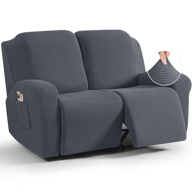 TAOCOCO Recliner Loveseat Slipcover 6 Pieces Dual Recliner Sofa Covers for 2 Seat Dual Reclining Loveseat Couch Stretch Soft Jacquard Pattern Furniture Protector with Elasticity Grey