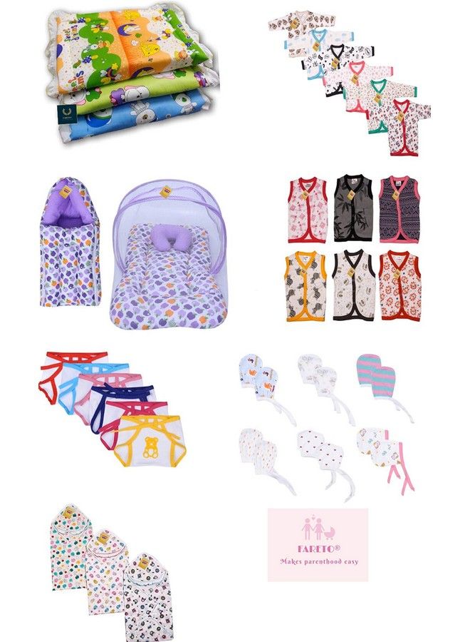 FARETO Newborn Baby'S Cotton Daily Essential Itemsmattress With Net Sleeping Bag 6 Shirts 6 Vest 6 Mittens 3 Bed 3 Wrapper 6 Nappies Combo (Multicolour 0 6 Months) Pack Of 32  - Image 1