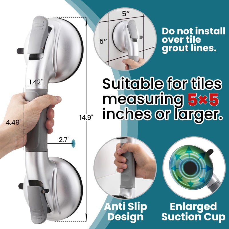 TAILI Grab Bars for Bathtubs and Showers,2 Pack Shower Handles for Elderly Suction,Maximum 330lbs,Shower Bar with Upgraded Rubber Suction Cups,Safety Grip for Senior, No Drilling Removable,Silver - Image 2