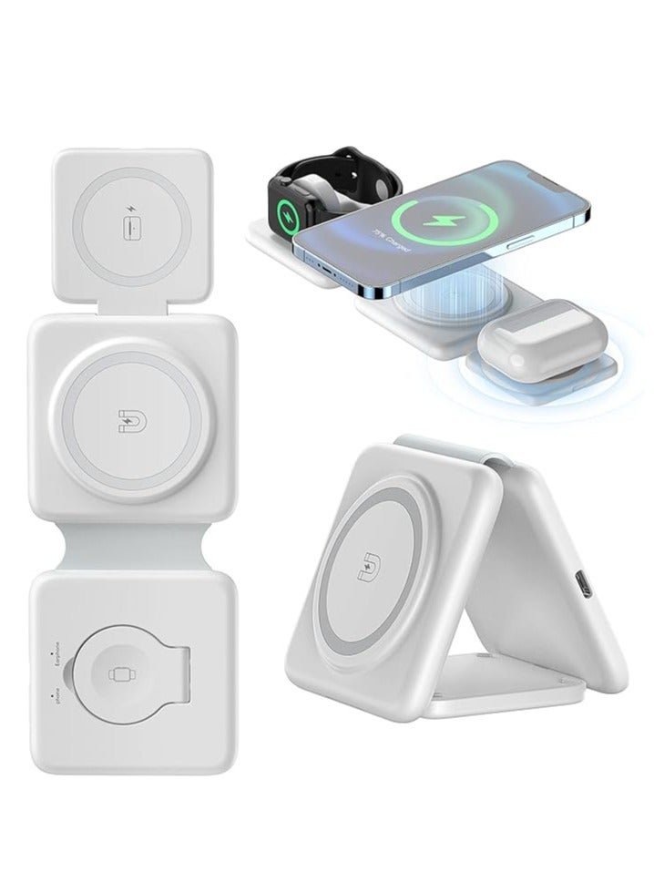 3 in-1 Wireless Charging Pad Magnetic Foldable Charger Station Fast Travel Charger for Multiple Devices Adapt with Phone, iWatch Series, AirPods 3/2
