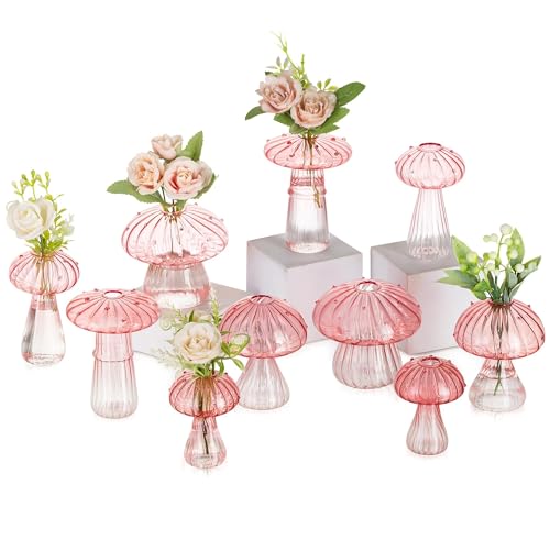 Glasseam Pink Glass Mushroom Vase Cute Small Flower Vase Set of 10 Unique Mini Bud Vases for Centerpieces Decorative Vases for Flowers Funky Plant Vase Decor - Image 1