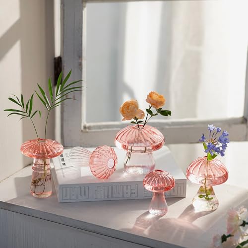 Glasseam Pink Glass Mushroom Vase Cute Small Flower Vase Set of 10 Unique Mini Bud Vases for Centerpieces Decorative Vases for Flowers Funky Plant Vase Decor - Image 3