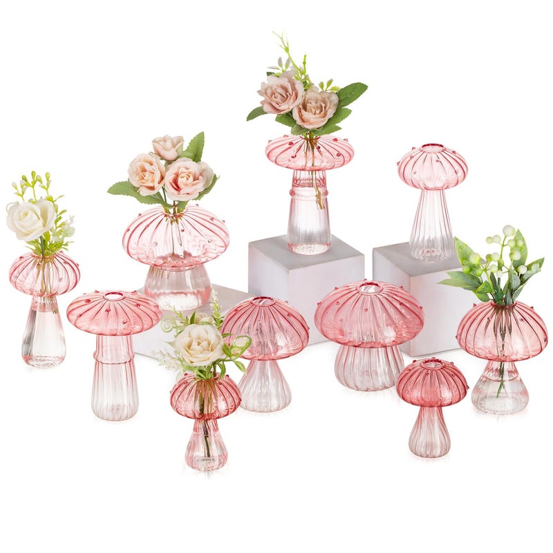 Glasseam Pink Glass Mushroom Vase Cute Small Flower Vase Set of 10 Unique Mini Bud Vases for Centerpieces Decorative Vases for Flowers Funky Plant Vase Decor - Image 2